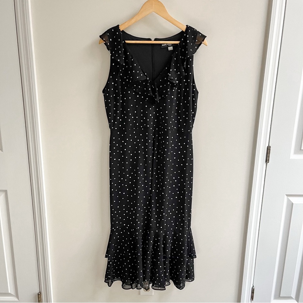 Karl Lagerfeld Polka Dot Ruffle Flounce Sleeveless Midi Dress Black & White 10